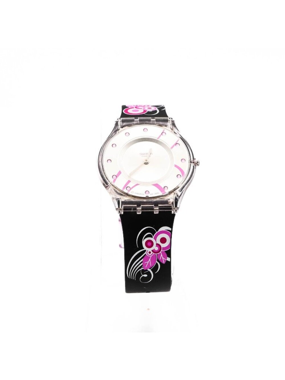 Rare Swatch Skin Night Plants SFP109 Black Pink Floral Crystal Silicone Watch